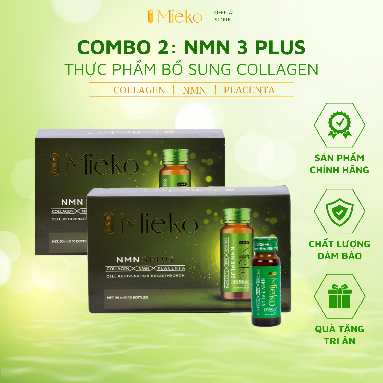 Combo 2 Hộp Nước Uống Collagen NMN 3Plus Drink Hộp 10 Chai 50ml Cung Cấp Collagen, NMN Cần Thiết Cho