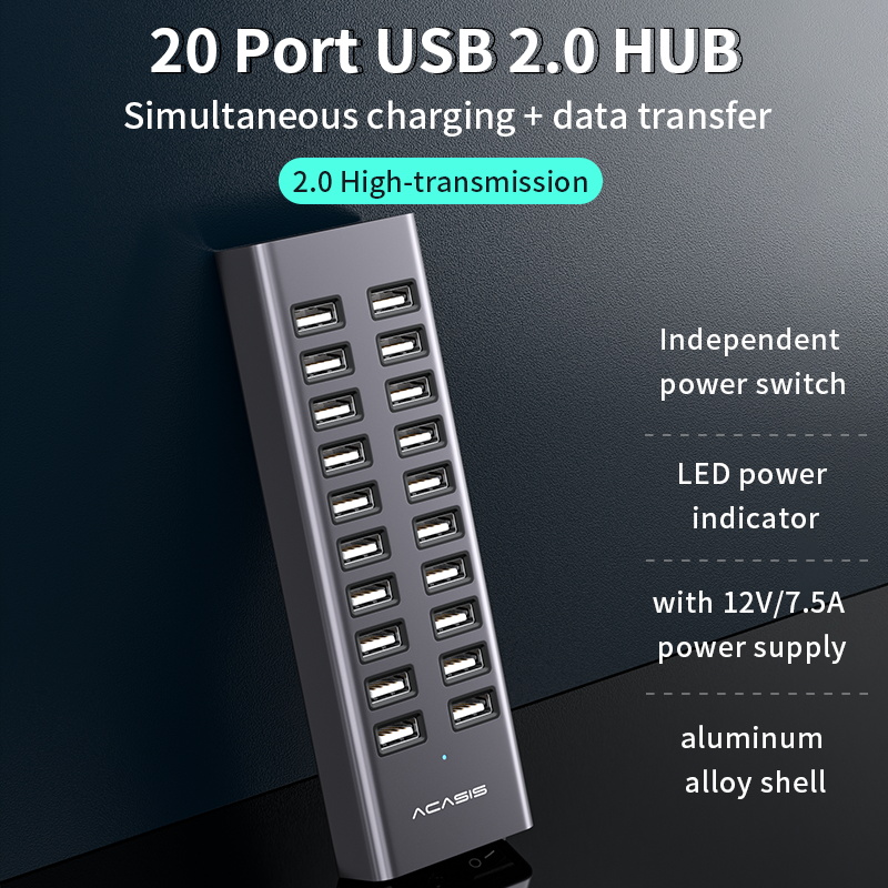 Ổ cắm 20 cổng USB 2.0 Acasis có dây điện nối dài cổng sạc điện thoại và truyền dữ liệu Hub - INTL