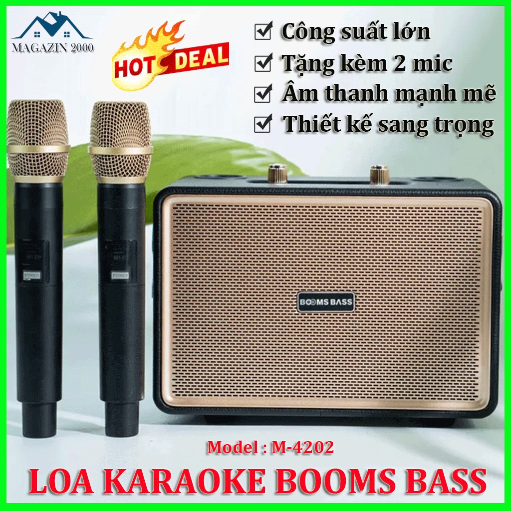 Loa karaoke gia đình Loa karaoke bluetooth booms bass M4202 tặng kèm 2 mic công suất lớn âm thanh siêu đỉnh hỗ trợ Jack 6.5mm USB thẻ nhớ AUX thiết kế sang trọng Loa bluetooth Loa kẹo kéo Loa kéo bluetooth