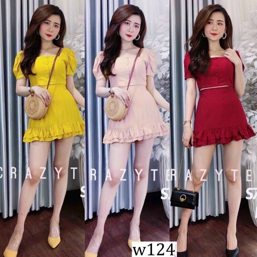 Sét áo đính nút bọc chân váy xòe bèo siêu xinh