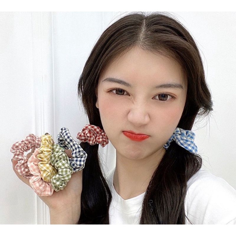 Dây buộc tóc, cột tóc vải scrunchies caro cao cấp