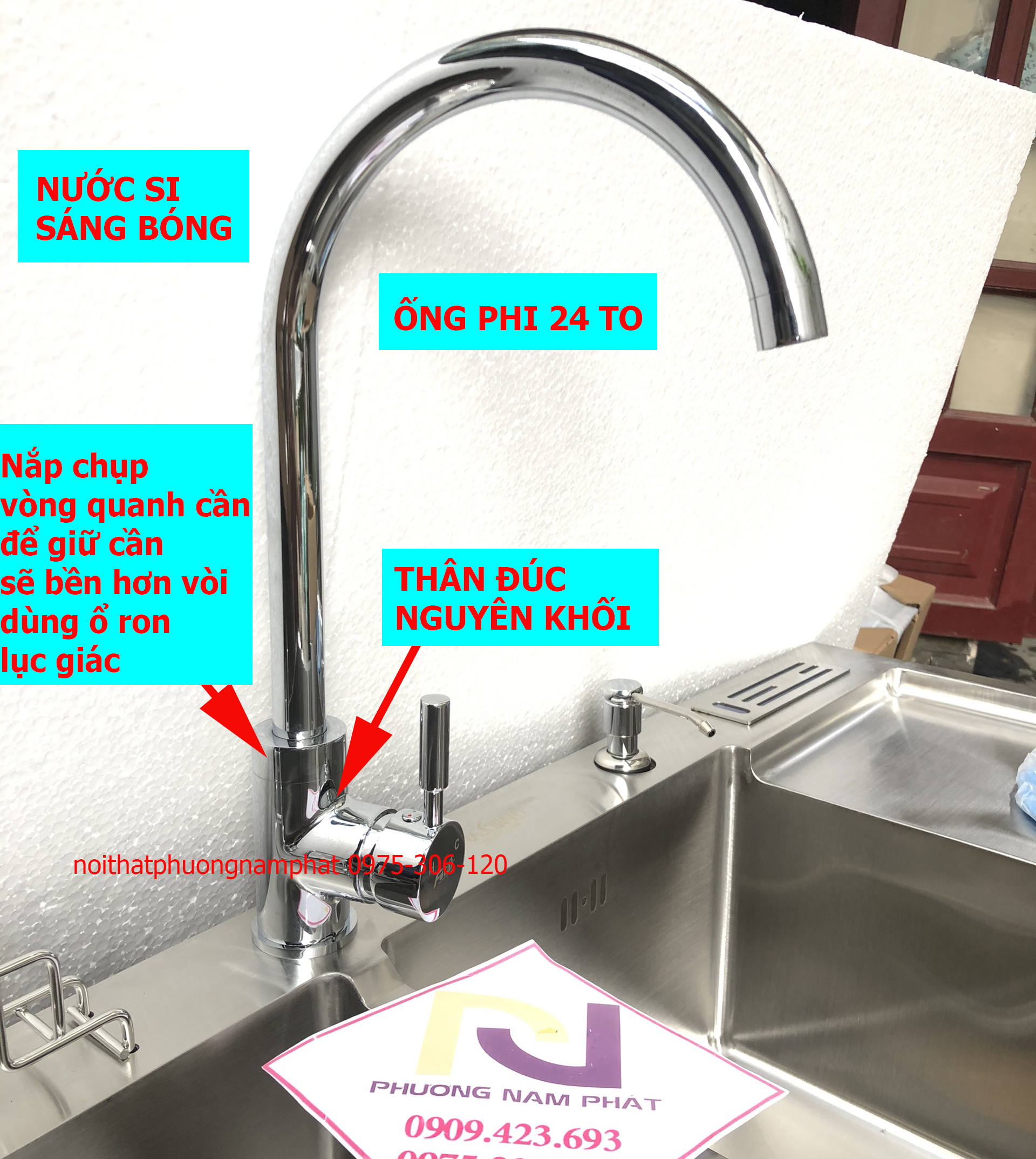 BAO NƯỚC MẠNH Vòi Rửa Chén Bát Nóng Lạnh đồng thau xi bóng N4002 ĐỒNG SI Fotar Và 2 Dây Nóng Lạnh Dùng Được Cho 2 Hộc Chậu