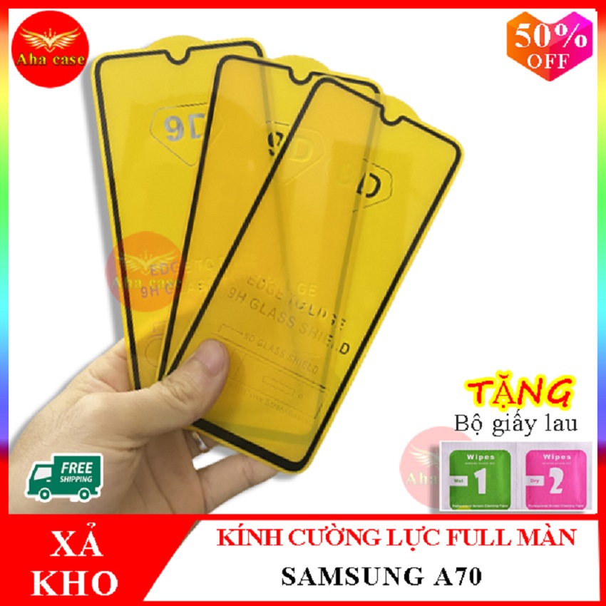 Kính cường lực SAMSUNG A70, Kính cường lực A70 FULL màn hình, Tặng kèm giấy lau ướt và giấy lau khô, Aha Case