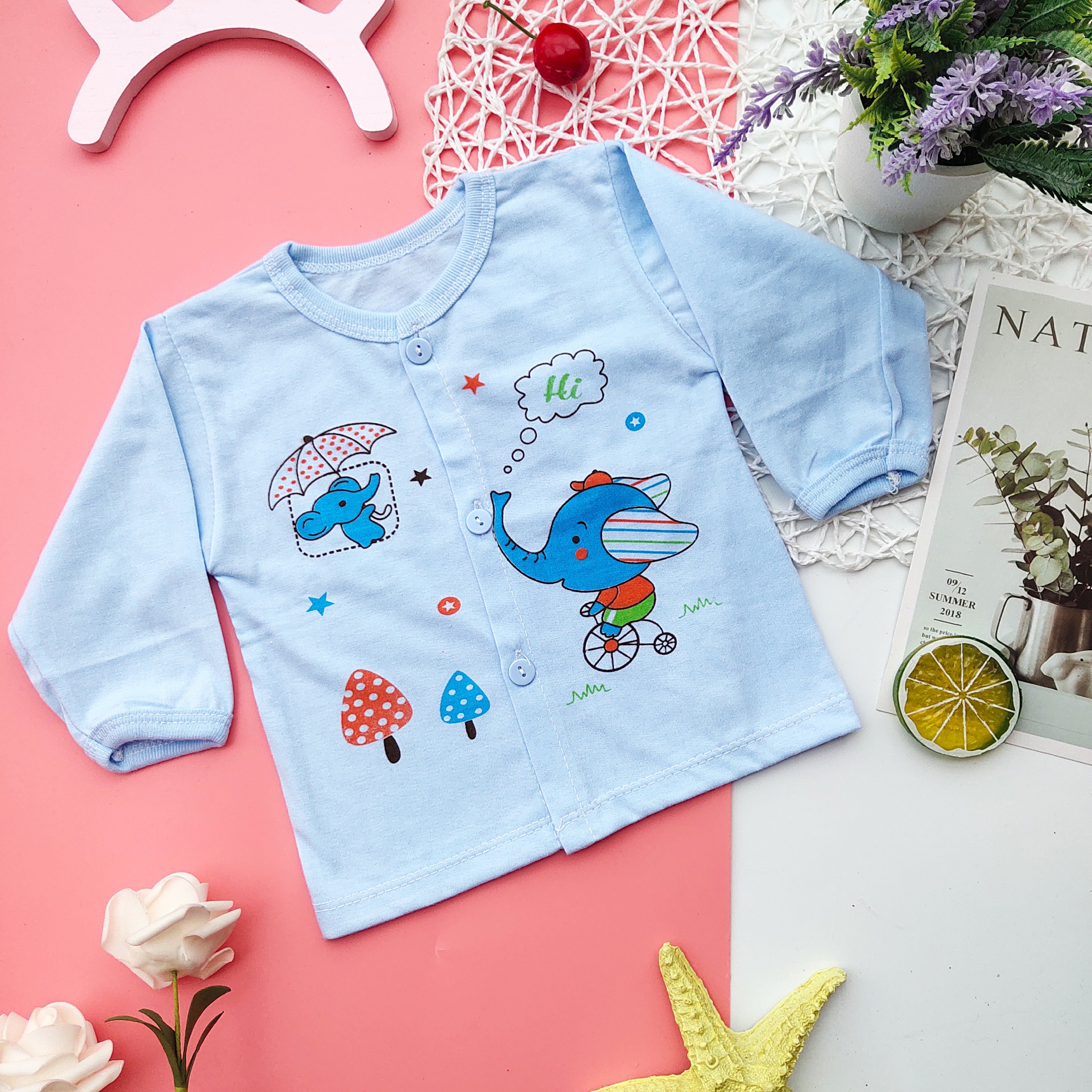 Áo dài tay sơ sinh cúc giữa Minh Đức in hình / Áo dài tay sơ sinh cho bé 3-10kg
