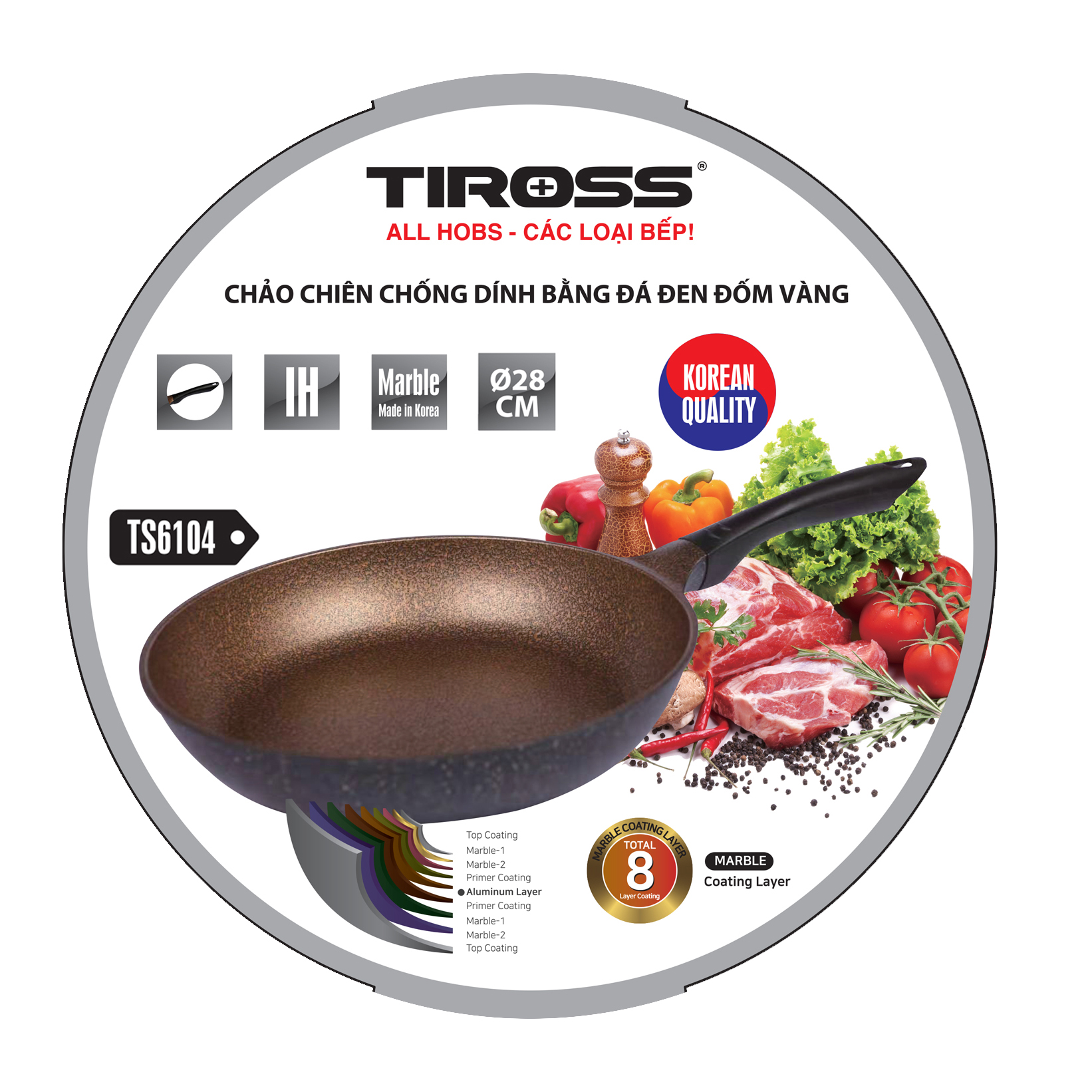 Chảo chống dính Tiross dùng bếp từ bếp ga, Chảo chiên chống dính bằng đá, chảo chiên cạn TS6104 phi 28 cm