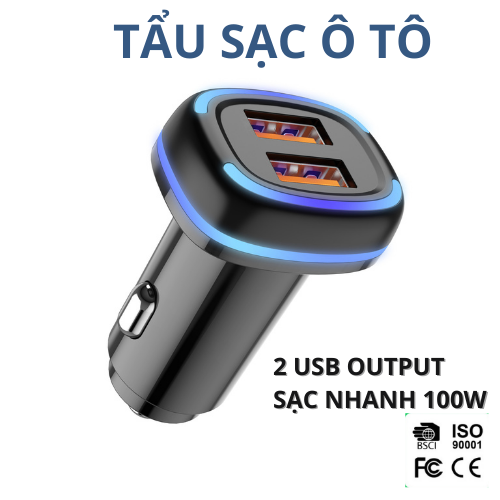 Tau sac nhanh cho ôtô chính hãng 2 cổng USB hỗ trợ sạc nhanh 100w tương
