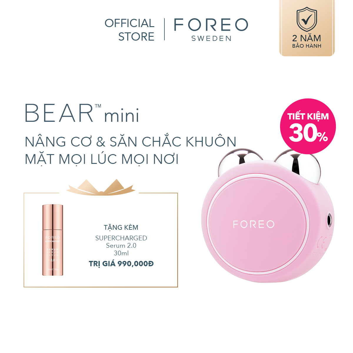 Máy massage nâng cơ mặt FOREO BEAR mini áp dụng công nghệ Microcurrent với 3 chức năng nâng cơ và làm săn chắc da mặt, có thể sạc, bảo hành 2 năm - intl