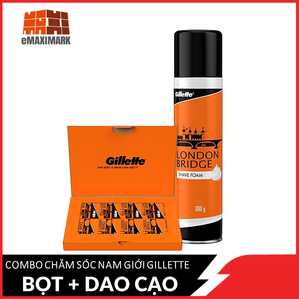 Bọt cạo râu gillette london bridge chai 300g và lưỡi lam gillette london bridge hộp 100 cái