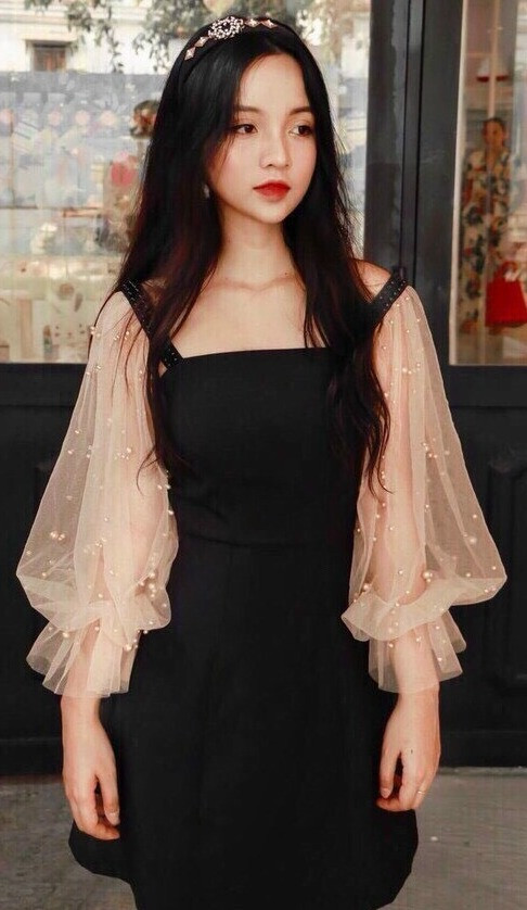 Đầm tiểu thư phối tay dài lưới cườm xinh xắn ba màu trắng be đen