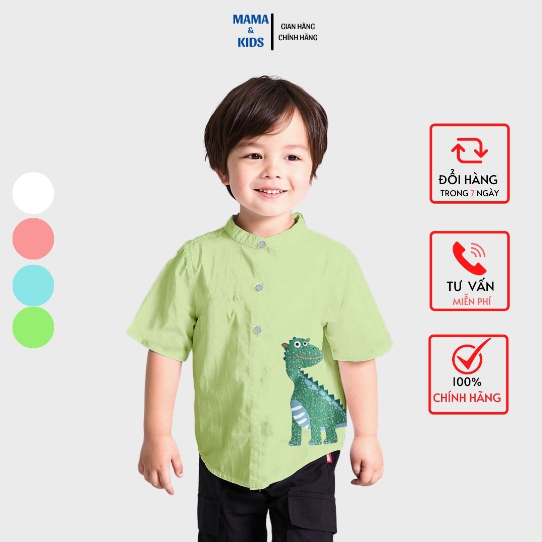 Áo Sơ Mi Bé Trai Cổ Tàu Hàn quốc MAMA & KIDS Tay Lỡ Chất Đũi thoáng mát họa tiết khủng long cho bé từ 10 đến 40kg đủ 4 màu