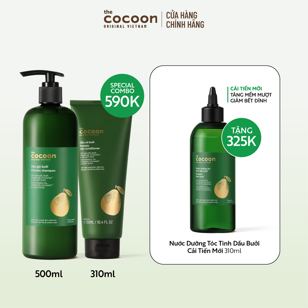 SPECIAL COMBO gội bưởi 500ml + xả bưởi 310ml Cocoon tặng 1 nước dưỡng tóc tinh dầu bưởi 310ml