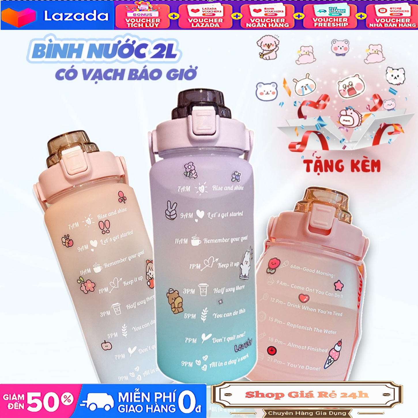 Bình Nước 2L  Có Vạch Báo Giờ Uống Nước Tiện Lợi Tone Màu Pastel Xinh Xắn - Có Nhiều Màu