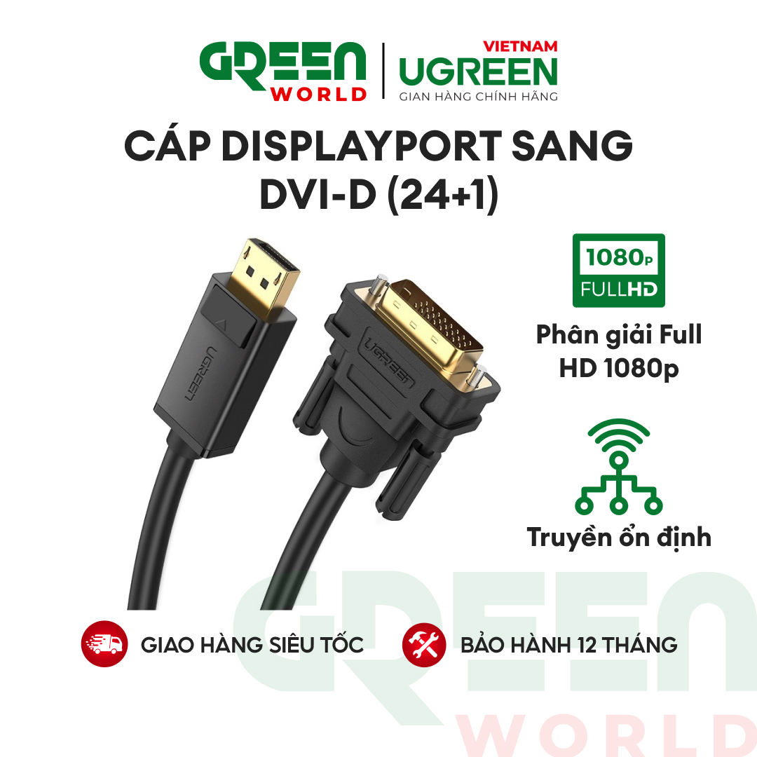 Dây cáp DisplayPort đực sang DVI-D (24+1) đực hỗ trợ 1920x1200 dài 1-8M UGREEN DP103 - Hãng phân phối chính thức