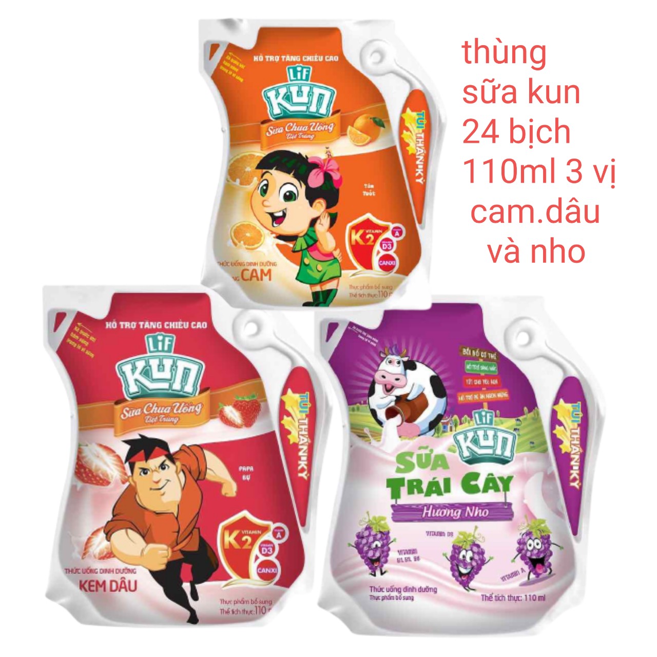 Thùng 24 Gói Sữa Chua Uống Kun Túi Thần Kì 3 Vị Cam Dâu Và Nho - Sữa Kun 3Vi