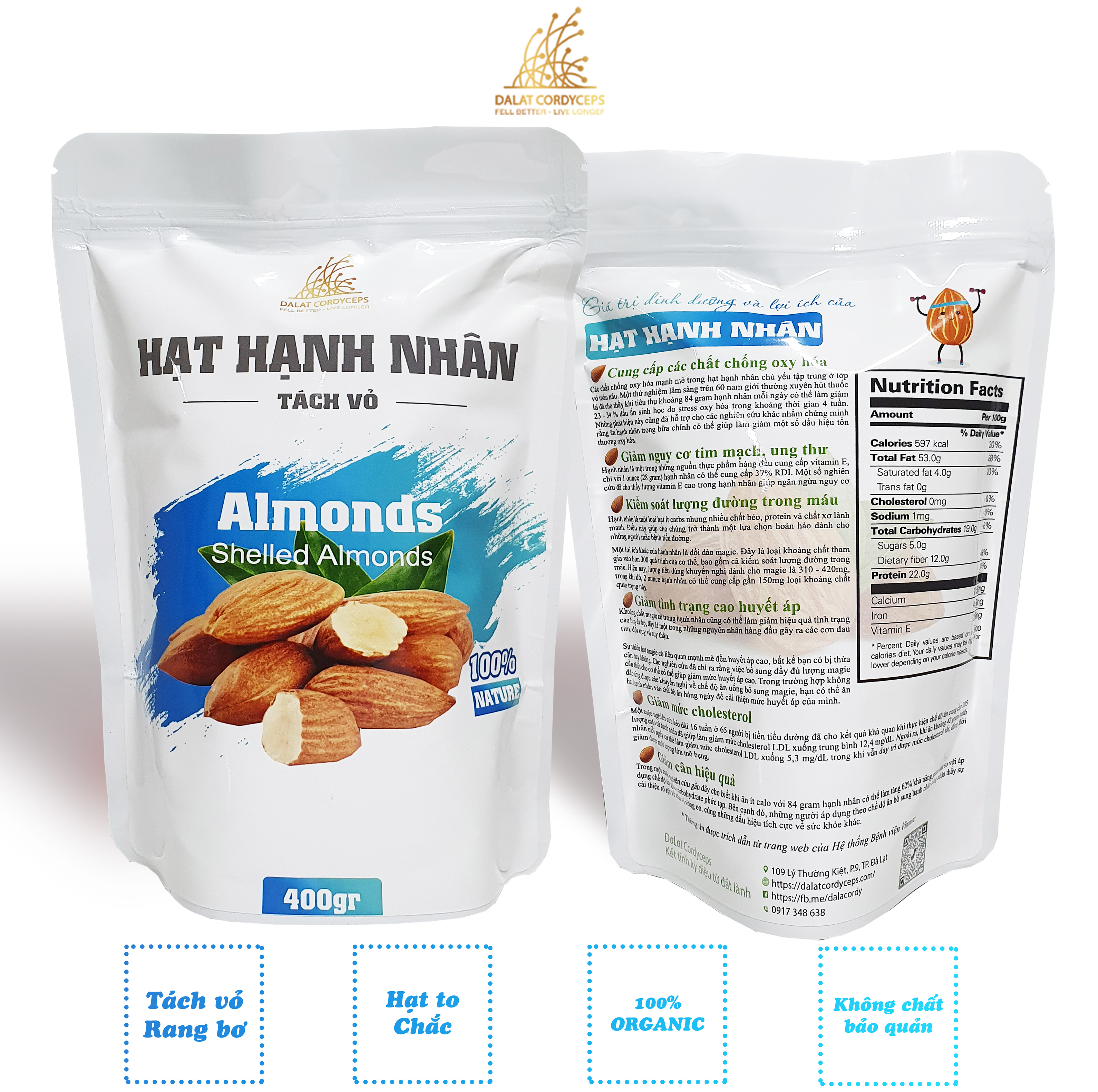 Hạt hạnh nhân tách vỏ rang bơ - Dalat Cordyceps - Loại thượng hạng