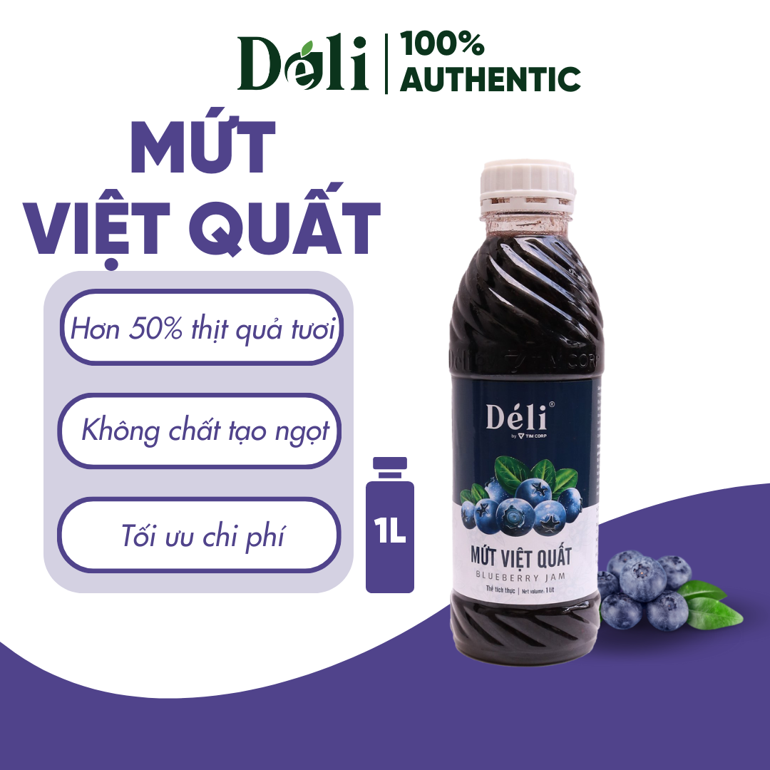 Mứt việt quất Déli - 1 lít - thịt quả tự nhiên, chuyên dùng pha chế trà trái cây, sinh tố