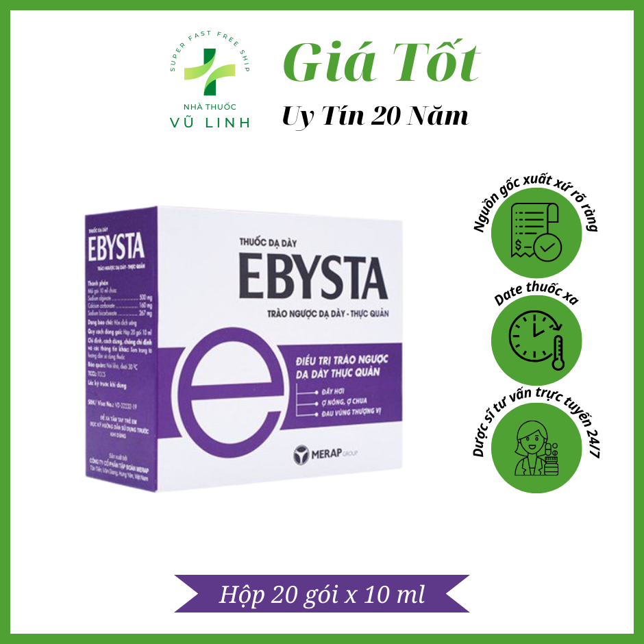 Gói sữa EBYSTA hết lo trào ngược dạ dày, thực quản, giảm đầy hơi, ợ nóng, ợ chua, đau vùng thượng vị