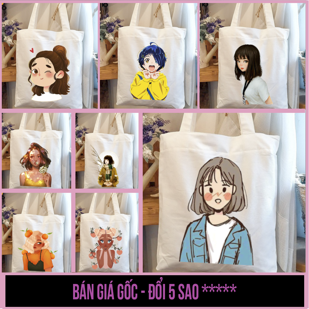 Túi Tote, túi canvas VUÔNG có khóa kéo in hình cô gái TÓC NGẮN - Túi Mơ To store