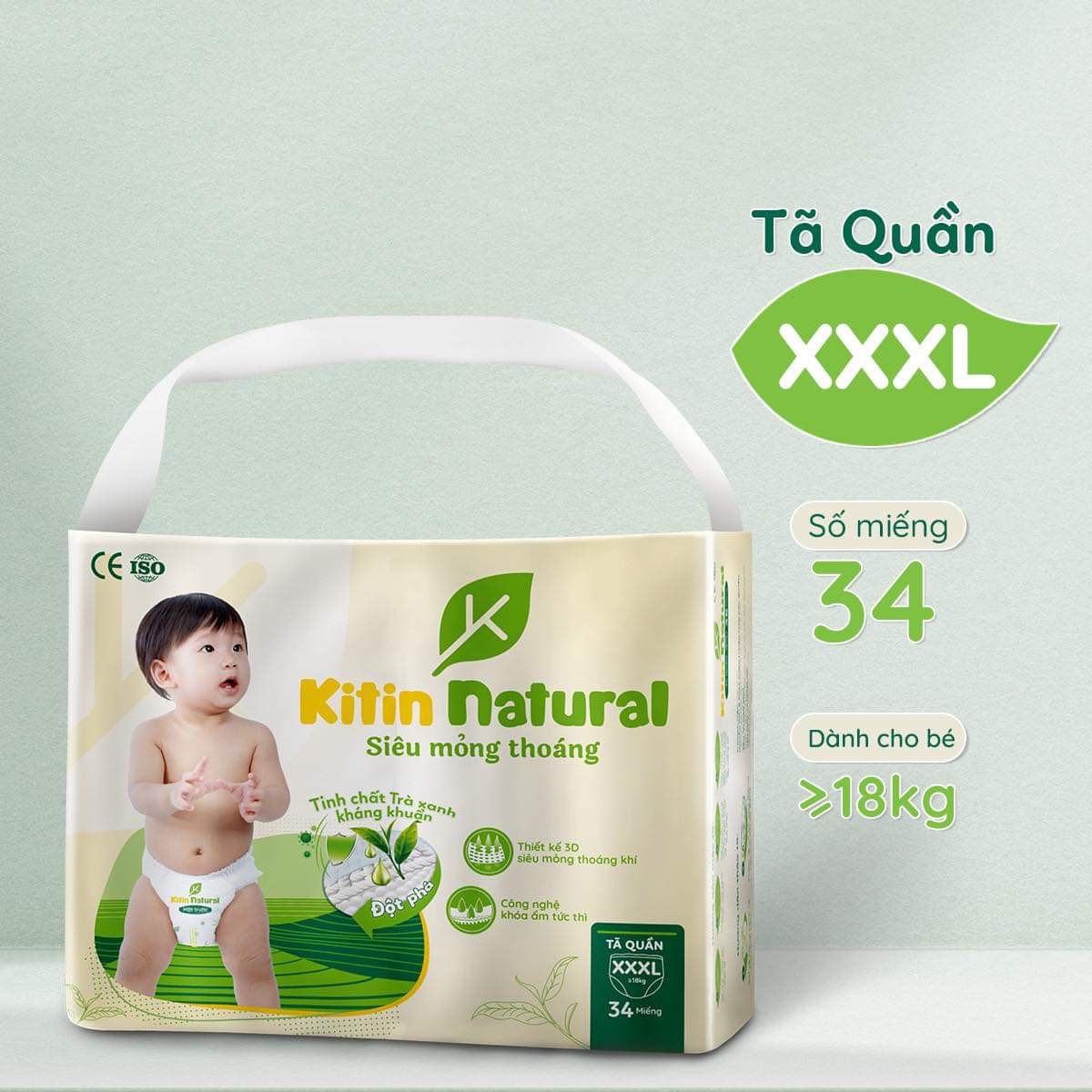 Tả quần kitin natural size xxxl tinh chất trà xanh, kháng khuẩn, mát da, an toàn cho bé, thương hiệu việt nam , vươn tầm thế giới.