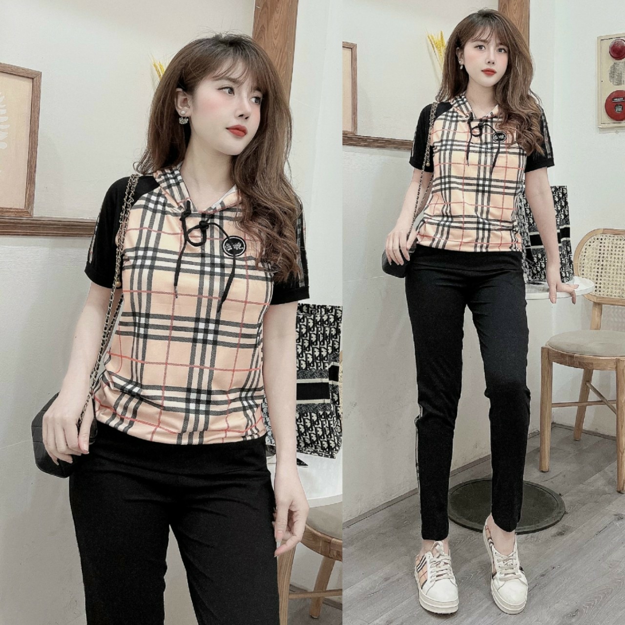 Đồ bộ thun thể thao nữ sọc caro phối nón cổ