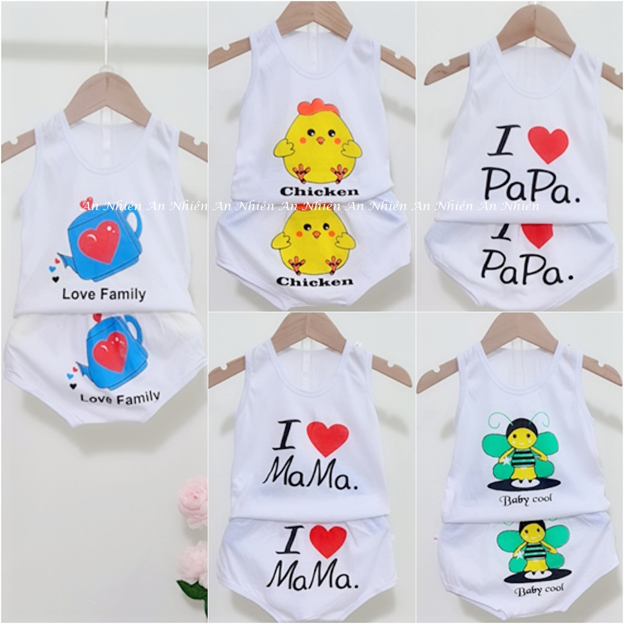 Combo 5 bộ quần chip áo sát nách họa tiết chip gà vàng ong cho bé từ 3-15kg