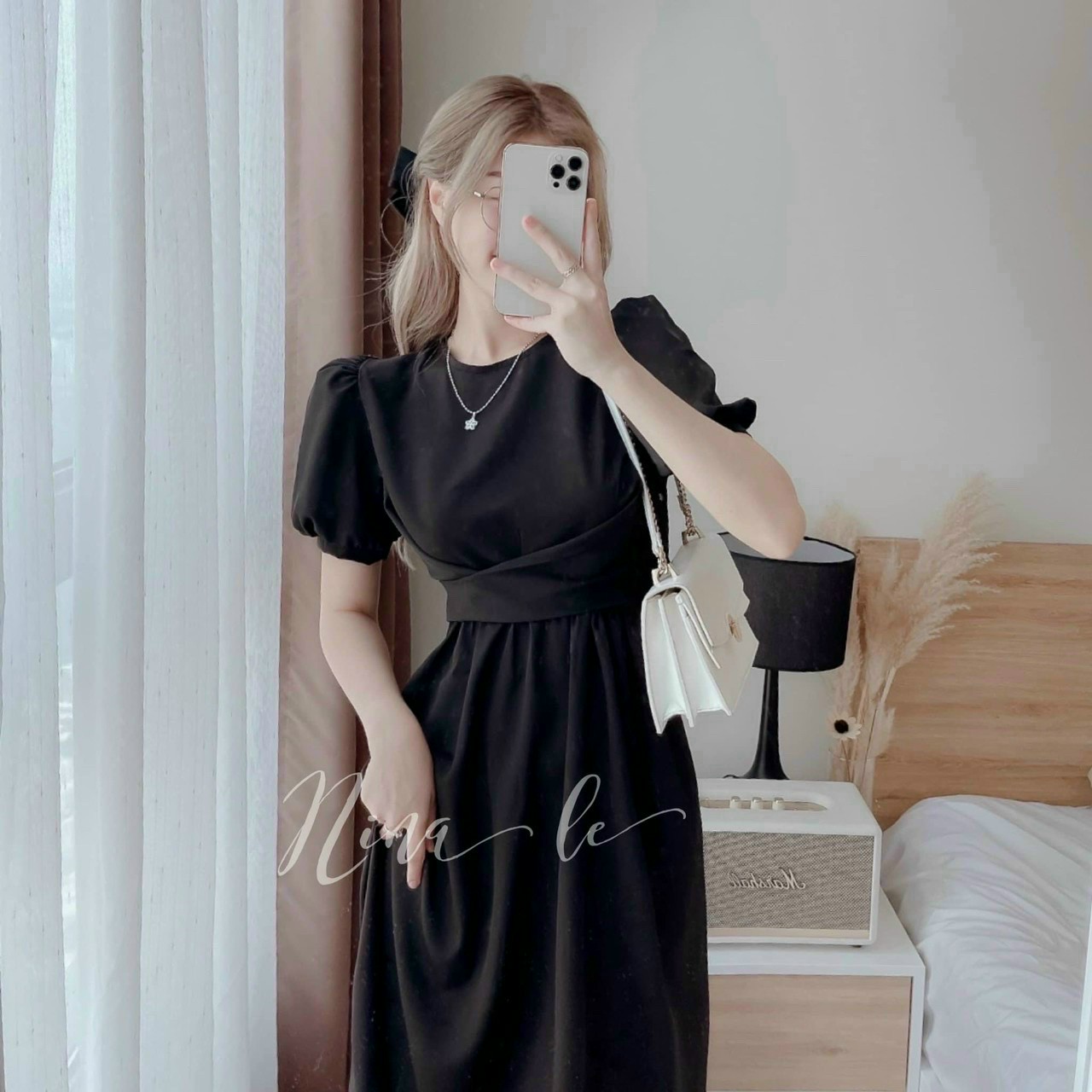 Đầm xòe nhúm eo nơ sau siêu xinh