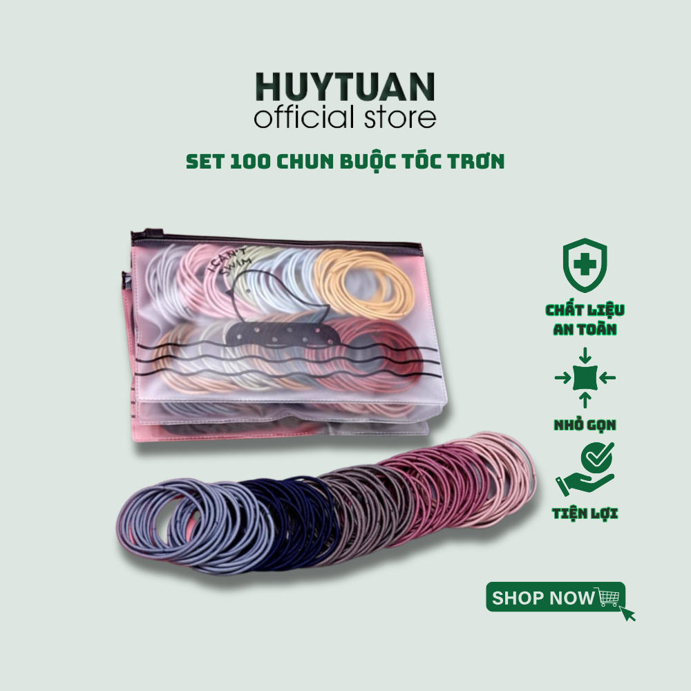 Set 100 chun buộc tóc trơn nhiều màu kèm túi zip