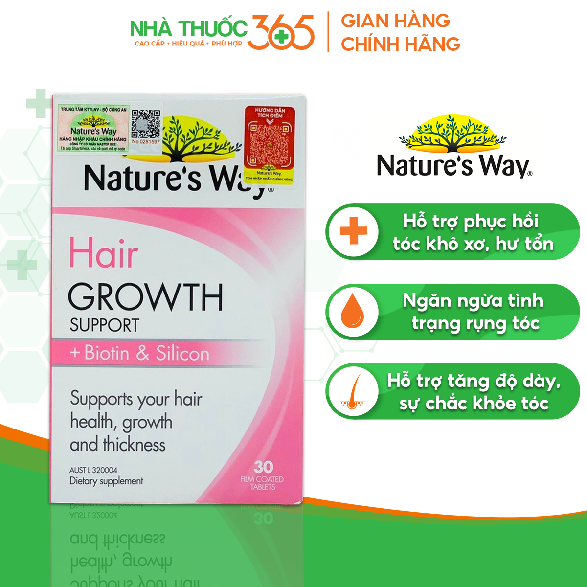 Viên uống hỗ trợ mọc tóc nature’s way hair growth support + biotin & silicon giúp hỗ trợ mọc tóc dày & khỏe 30 viên