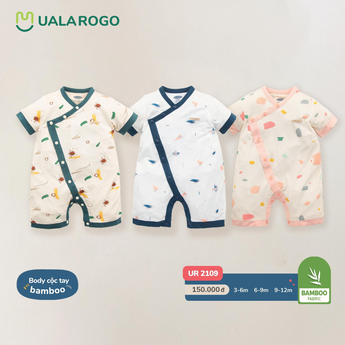Bodysuit cho bé Ualarogo 3-12 tháng cúc chéo vải sợi tre Bamboo co giãn