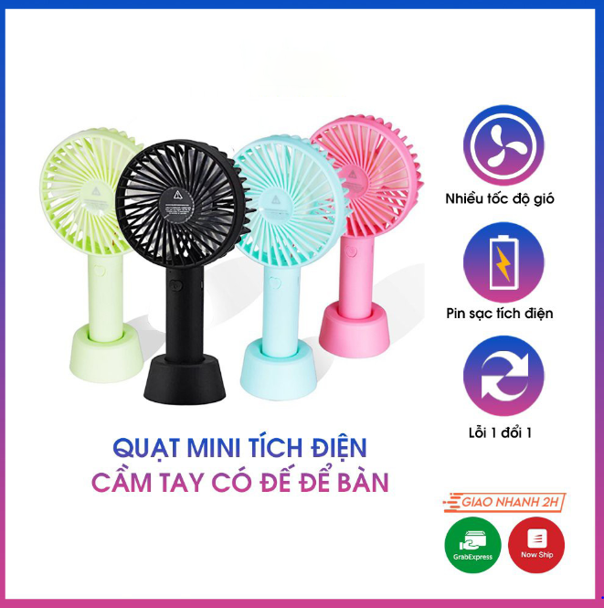 Quạt mini tích điện cầm tay có đế để bàn 3 tốc độ gió n9