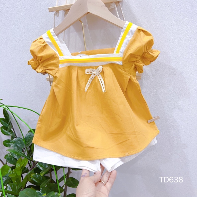 Sét bộ cổ viền đính nơ dáng babydooll cho bé