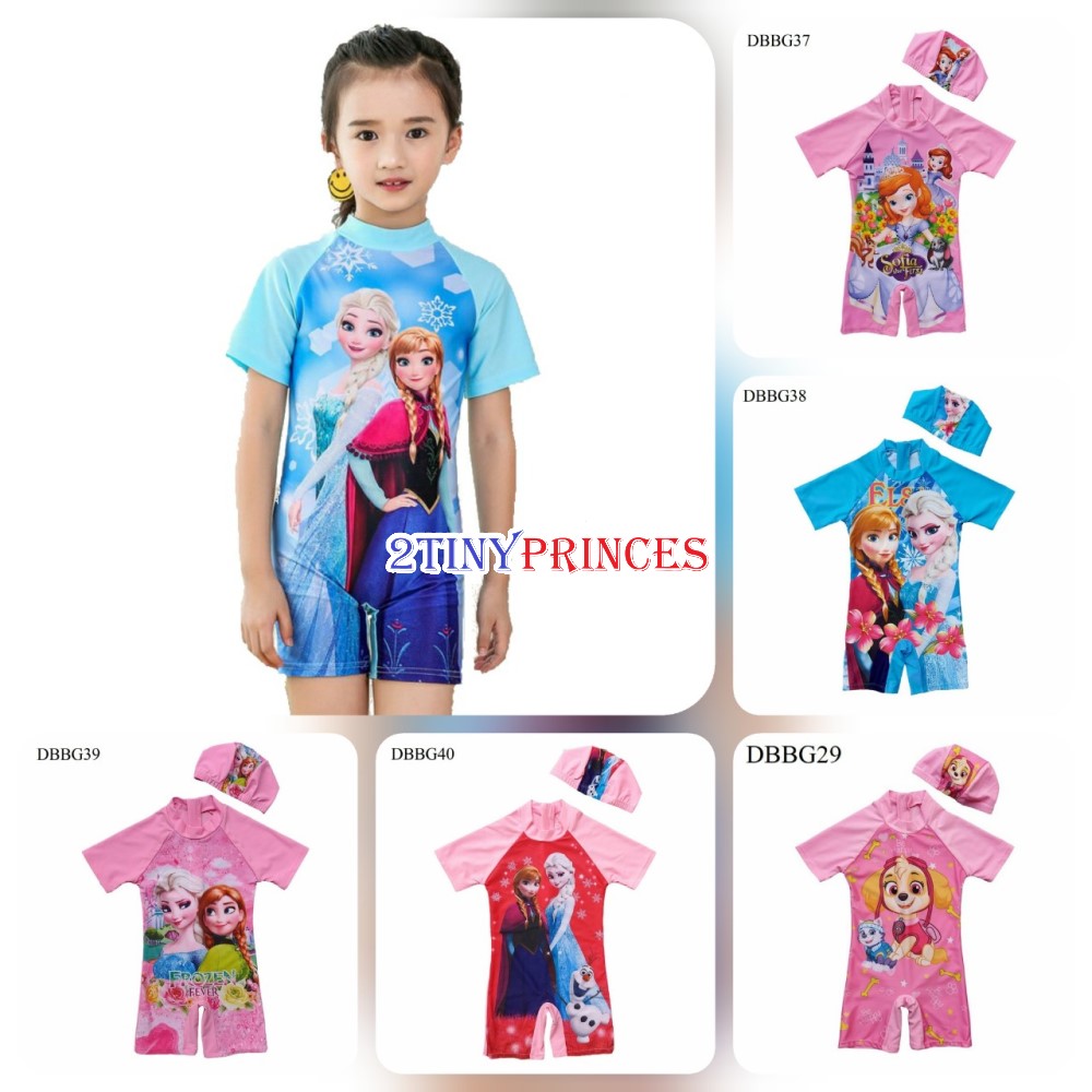 Bộ đồ bơi liền thân họa tiết công chúa kèm nón bơi cho bé gái