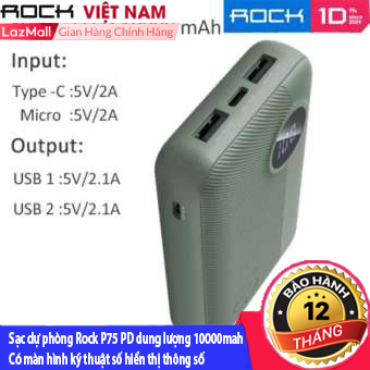 Pin sạc dự phòng Rock P75 PD dung lượng 10000mah thiết kế nhỏ gọn sang trọng có màn hình kỹ thuật số hiển thị thông số