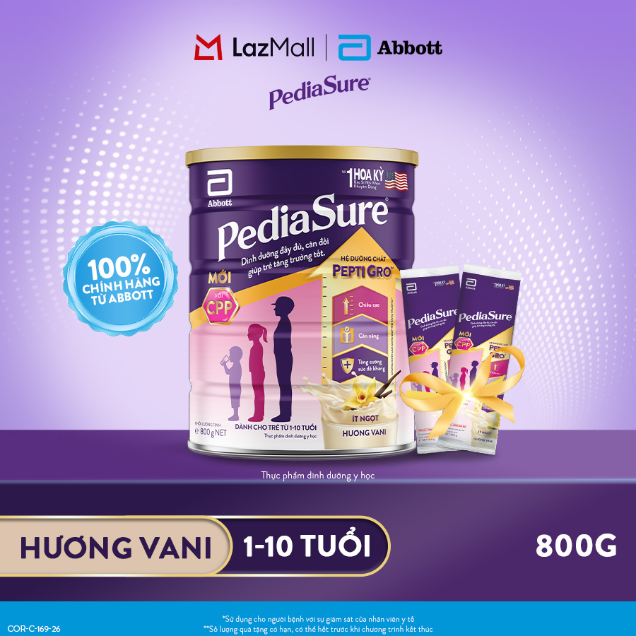 Lon Sữa Bột Pediasure B/A Hương Vani 800g+ Tặng 2 Gói Sachet Pediasure