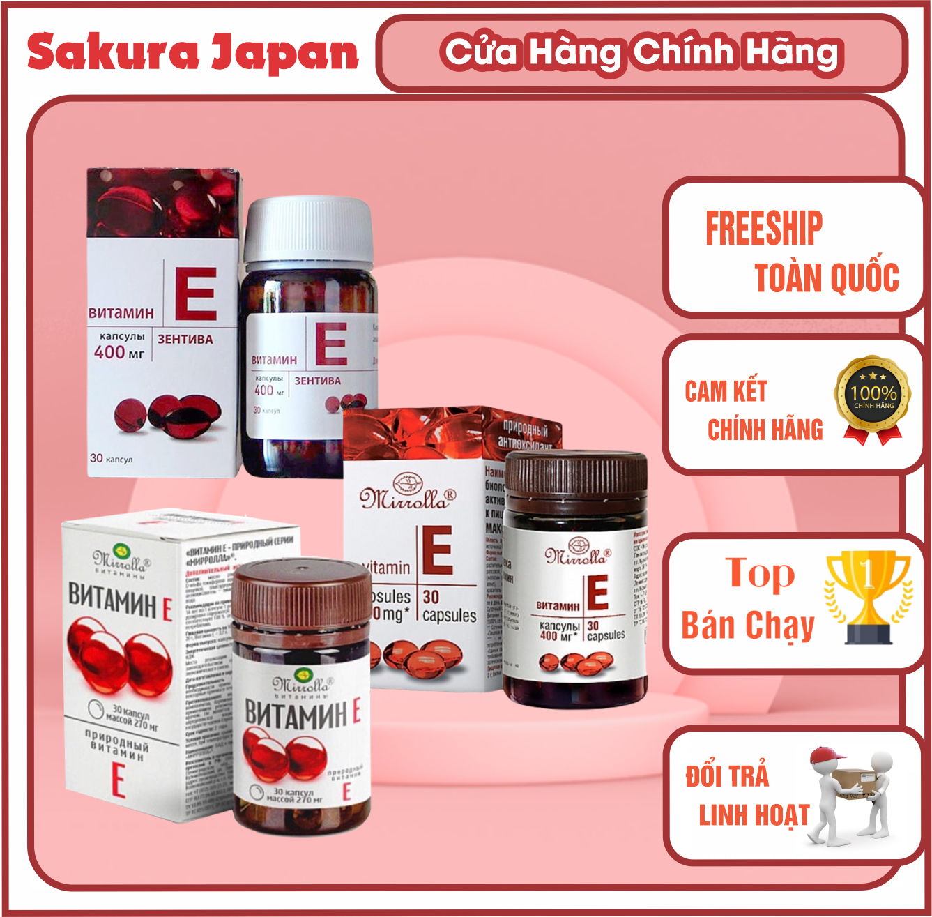 Vitamin E đỏ Nga Mirrolla 270mg 400mg đẹp da chống lão hóa tốt cho mắt chuẩn auth