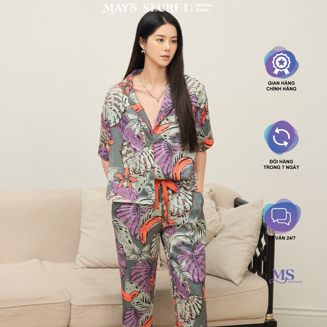Bộ pyjamas lụa cao cấp in hoa tay cộc quần dài - May's Secret