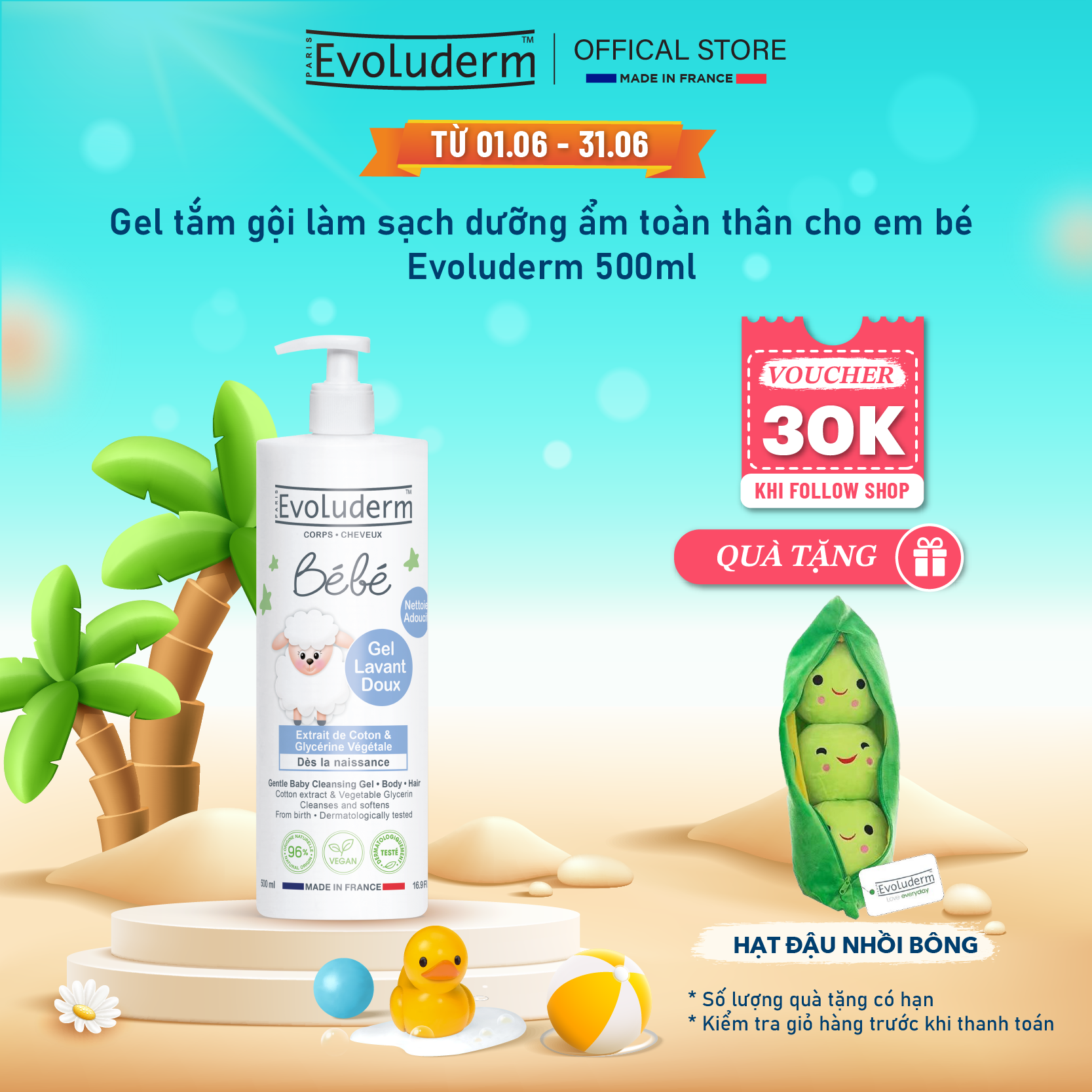 Gel tắm và gội làm sạch và dưỡng ẩm toàn thân cho bé - Gel Lavant Doux Bebe Evoluderm 500ml