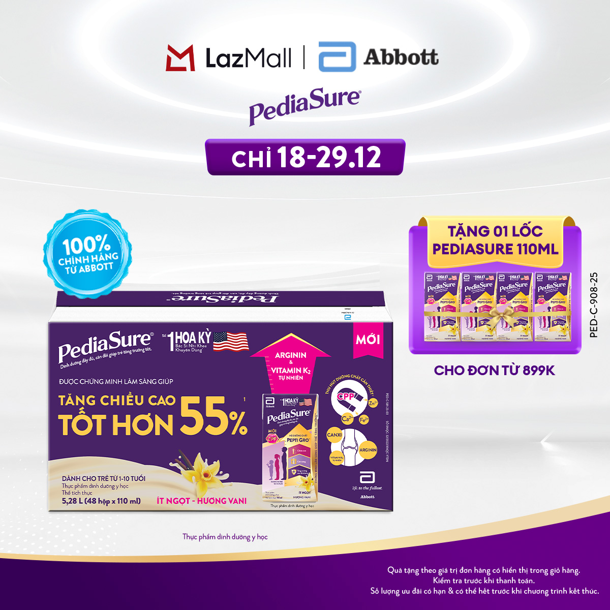   CHỈ 31.12 - 03.01 QUÀ TẶNG CHO ĐH 899K-SLCH  Thùng 48 hộp sữa nước PediaSure 110ml hương Vani  bao bì thay đổi theo từng đợt nhập hàng  cho trẻ từ 1-10 tuổi 