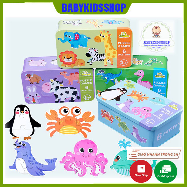 Bộ ghép hình 3-6 mảnh gỗ puzzle cao cấp hộp sắt, 06 hình/hộp