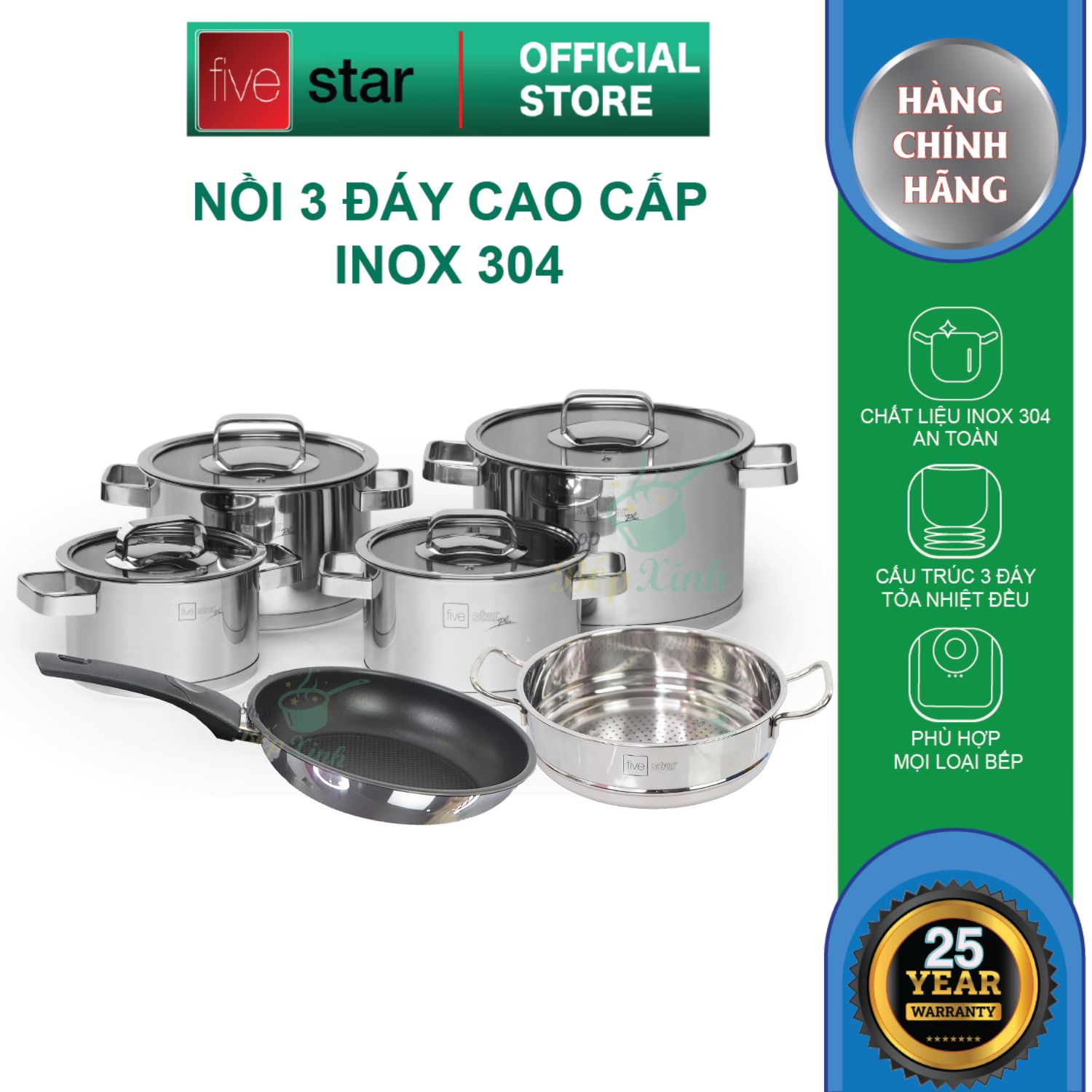 Combo Bộ nồi inox 304 chảo chống dính 24cm và xửng hấp 24cm Fivestar 3 đáy từ, quai vuông
