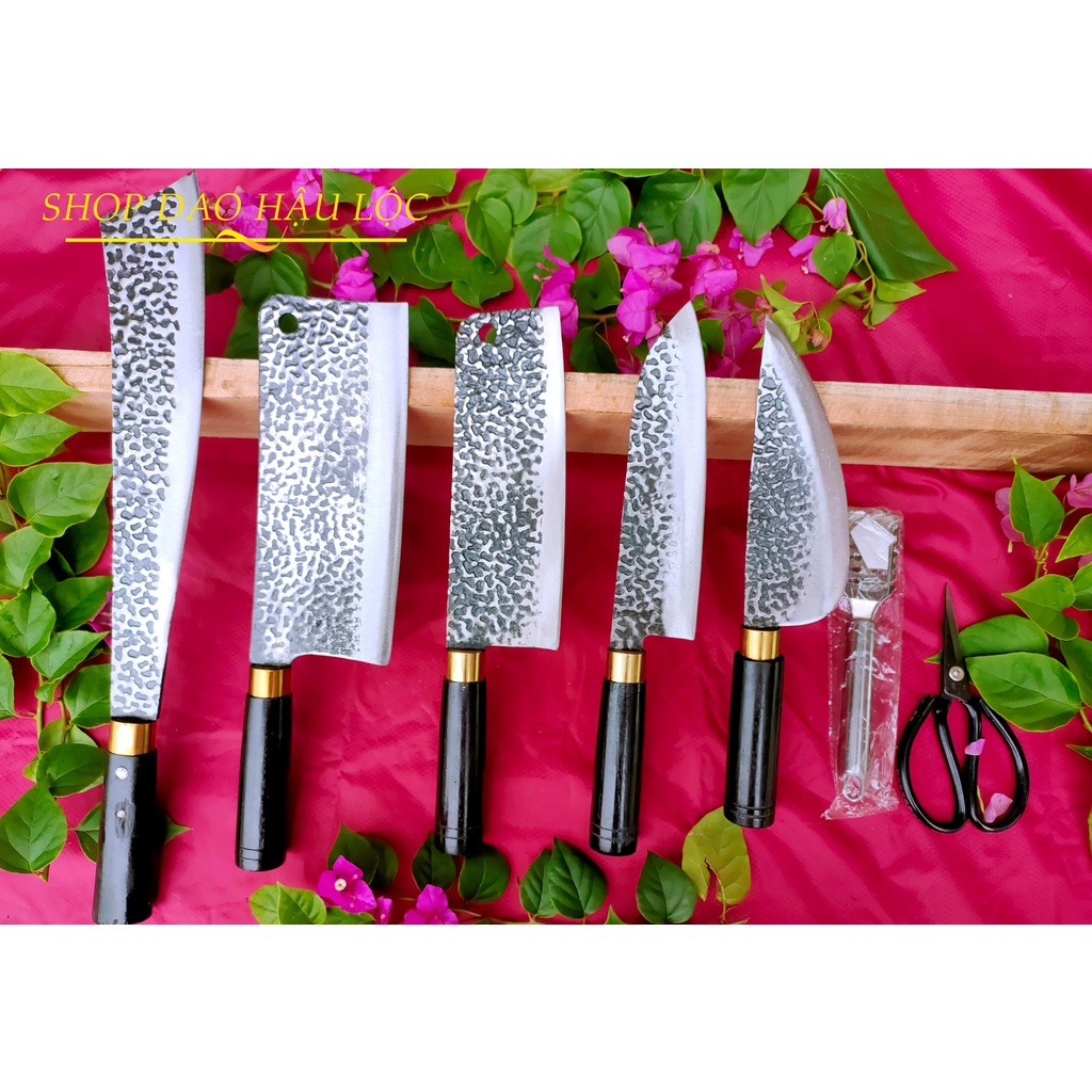 Dao bếp, bộ 5 dao nhà bếp làm từ Thép Nhíp dập vân chống dính 2 mặt chuyên chặt xương thái rau củ quả cán gỗ chắc chắn