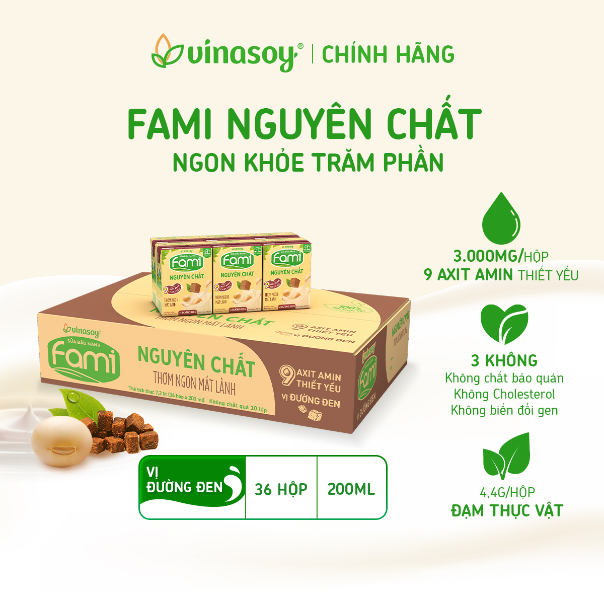 Thùng sữa đậu nành Fami Nguyên Chất vị Đường đen (36 Hộp x 200ml)