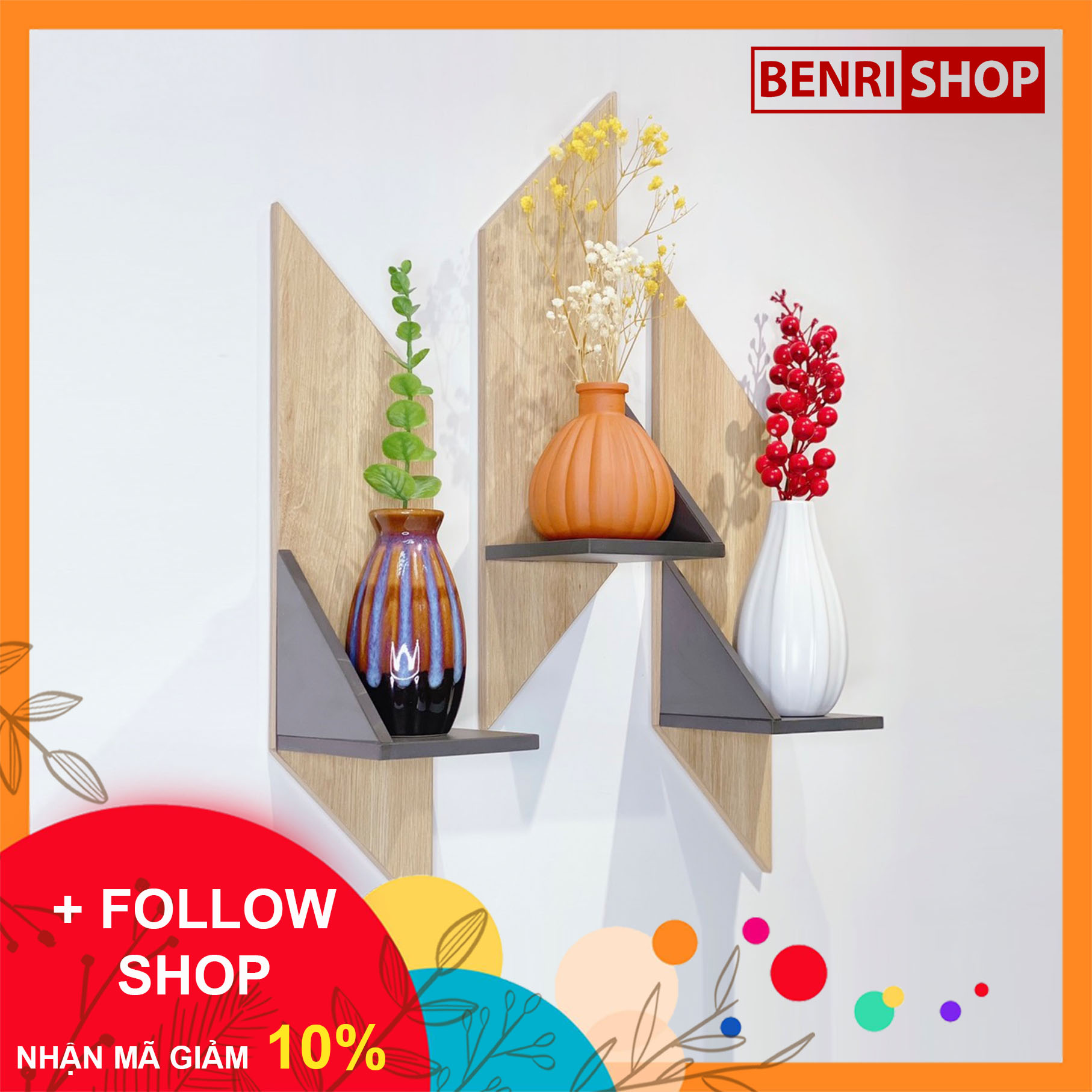 Kệ Gỗ Trang Trí Treo Tường Hình Chiếc Lá Không Cần Khoan BENRI SHOP KLA (1 set 3 kệ)