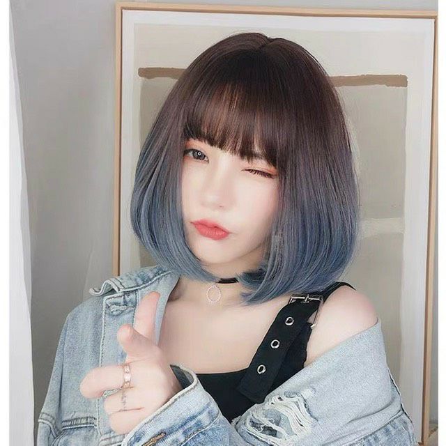 Tóc giả nữ đẹp 🤐FREESHIP🤐 Tóc giả nguyên đầu víc cúp omber xanh 20 cm