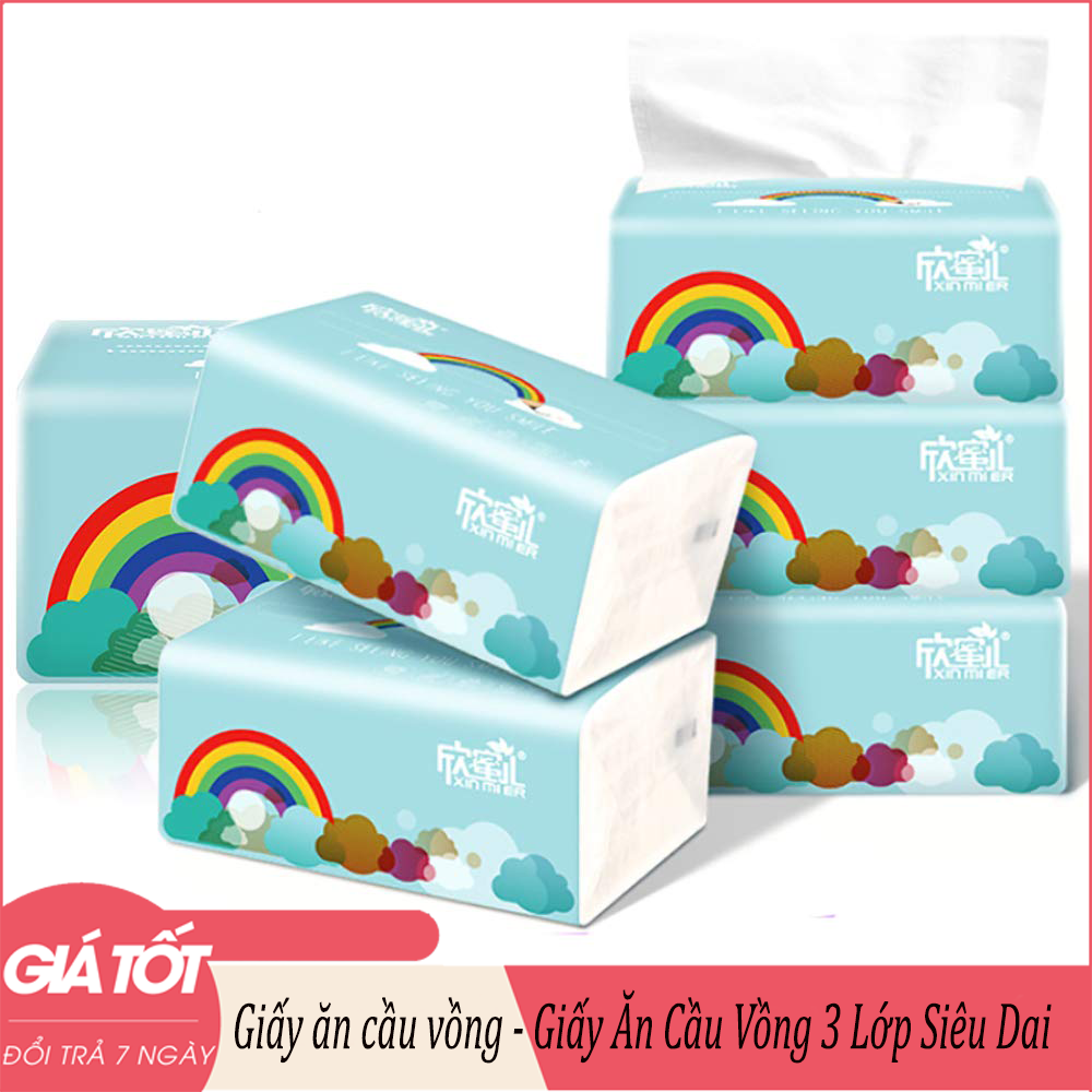 Bịch 10 gói giấy ăn cầu vồng - giấy ăn cầu vồng 3 lớp siêu dai không chất tẩy trắng, an toàn tuyệt đối
