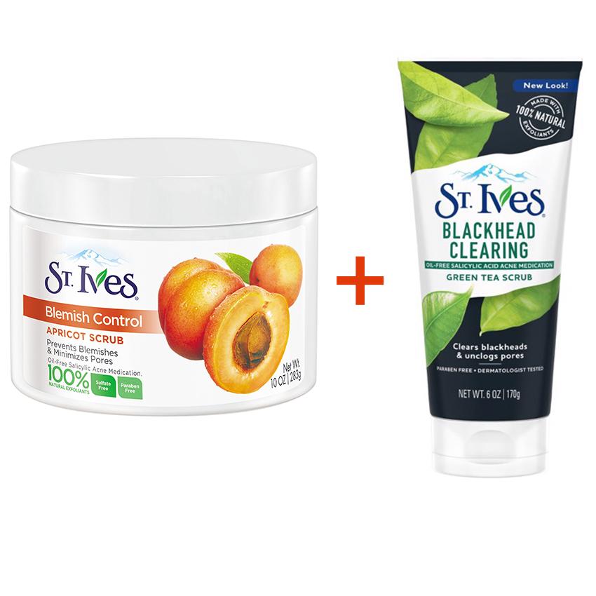 Bộ đôi tẩy tế bào chết st.ives trà xanh 170g + blemish control 283g