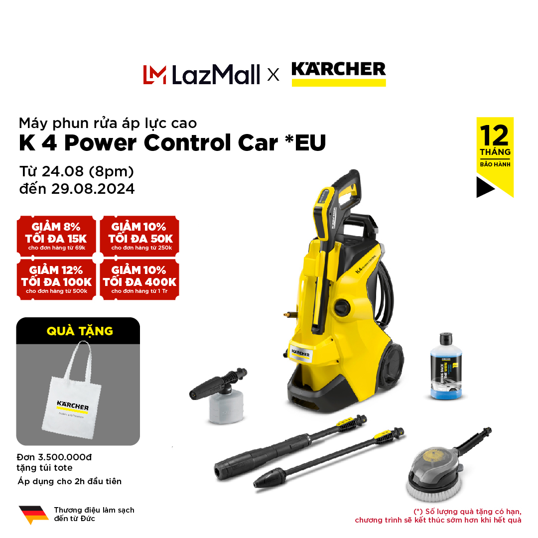 Máy xịt rửa áp lực cao 1800w karcher k 4 power control car động cơ từ, áp lực 130 bar, lưu lượng 420l/h - bảo hành 15 tháng