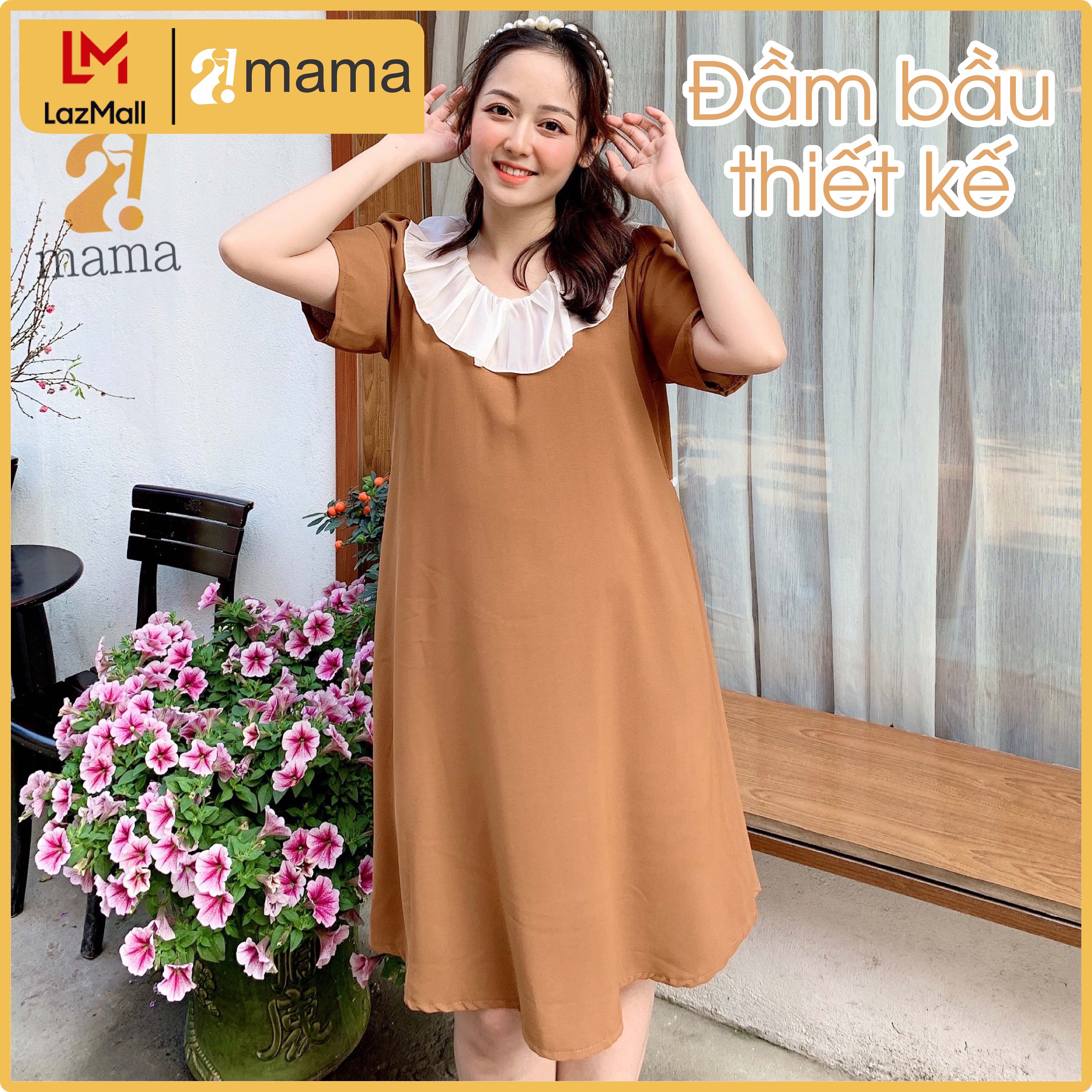 Đầm bầu dự tiệc 2MAMA dáng suông phối bèo cổ thiết kế một màu trơn dáng suông freesize V17