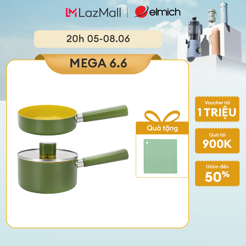 (MEGA 6.6)Bộ nồi chảo phủ sứ an toàn Elmich Olive Baby full induction El-5234OV size 16cm