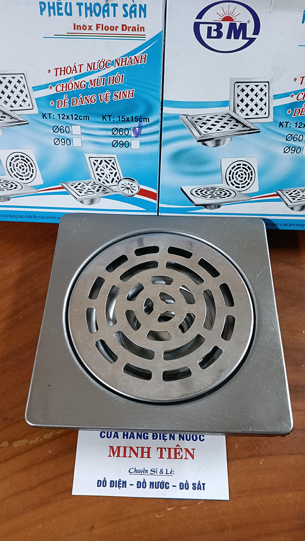 Phễu thoát sàn chống hôi, thoát nước chống hôi kích thước 15cm x 15cm, phi 60, 90 chất liệu INOX sáng bóng
